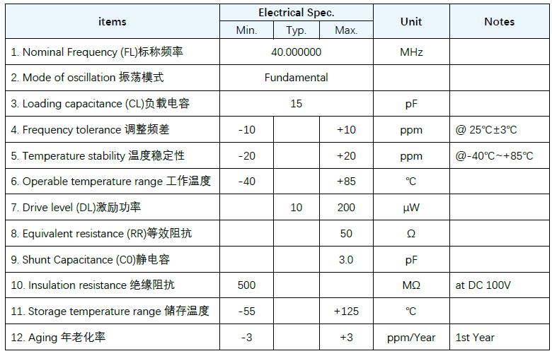 40MHz晶振SMD2016 15pF &plusmn;10PPM规格参数